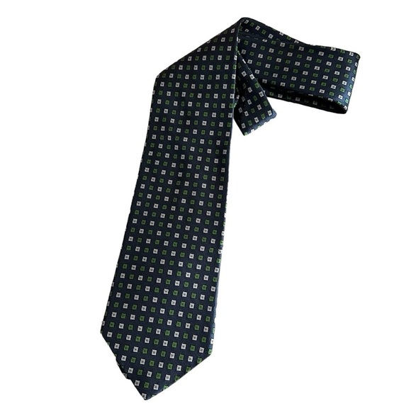 Brooks Brothers Men’s 💯 Silk Navy Blue Green Geo Print Neck Tie Y5 - Picture 1 of 4